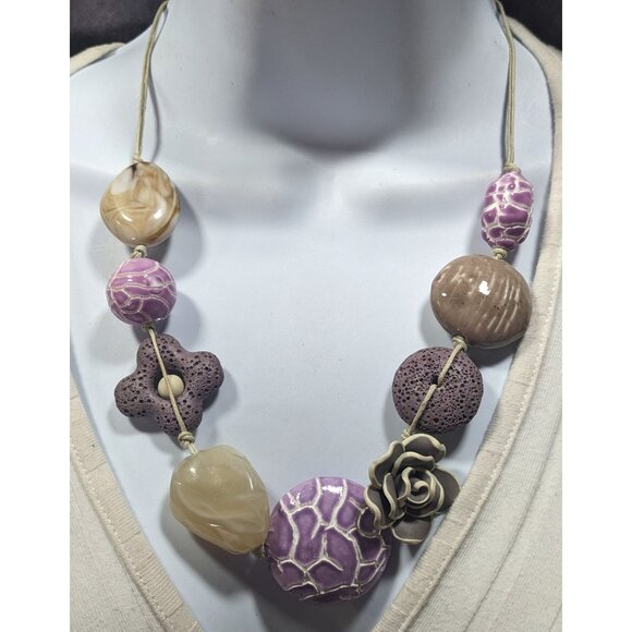 Cottagecore Floral Purple And Grey Mixed Media Statement Necklace - Picture 4 of 6